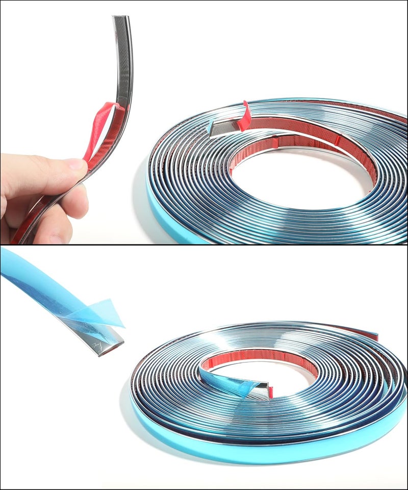SCUARI شريط كروم بعرض 1/2 بوصة، شريط كروم بطول 25 قدم للسيارات، ملحقات السيارات، تزيين السيارات، تشكيلات كروم السيارات، شرائط تشكيلات كروم هيكل السيارة، تشكيلات عالمية لمعظم أبواب ونوافذ الشاحنات والمركبات الترفيهية. - Image 4